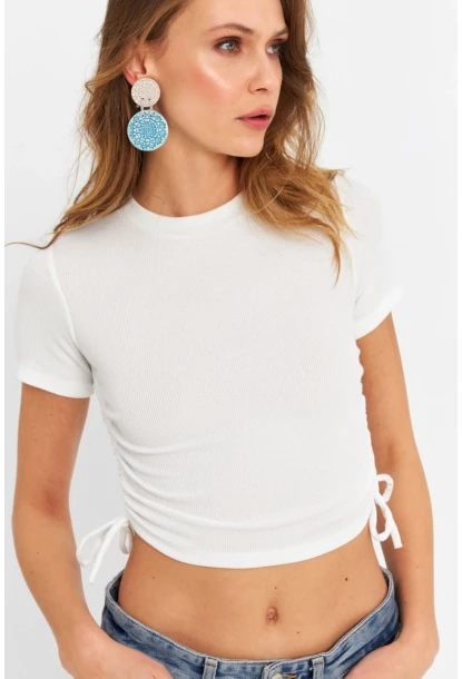 Kadın Ekru Büzgülü Crop Bluz ANT103