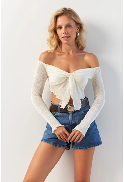 Kadın Ekru Büzgülü File Bluz OW146