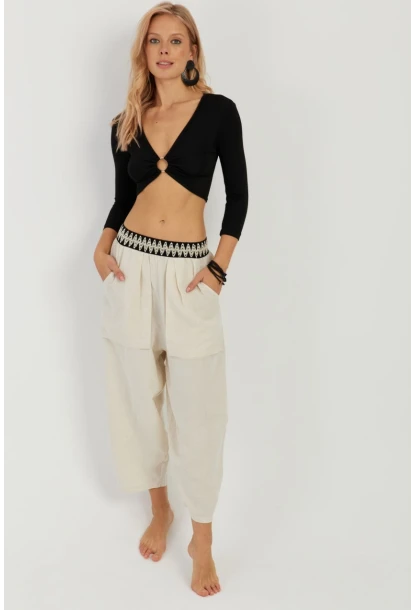 Kadın Ekru Cepli Şalvar Pantolon ÖM1203