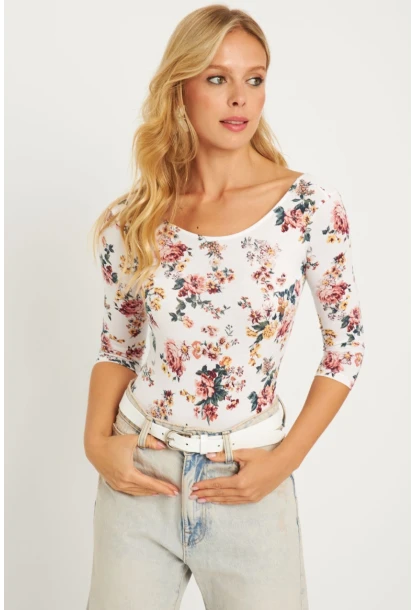 Kadın Ekru Çiçek Desenli Çıtçıtlı Body RK40