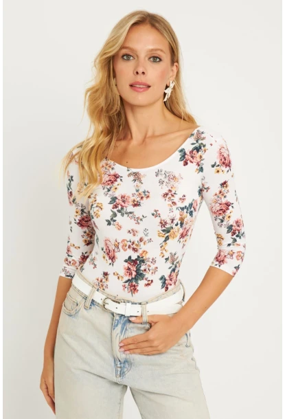 Kadın Ekru Çiçek Desenli Çıtçıtlı Body RK40