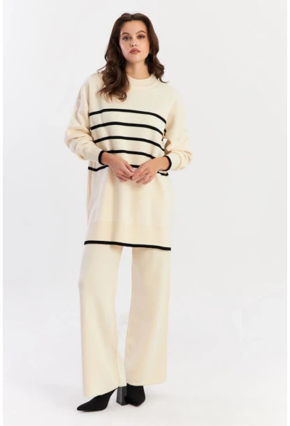 Kadın Ekru Çizgili Alt Üst Triko Takım NUV1069