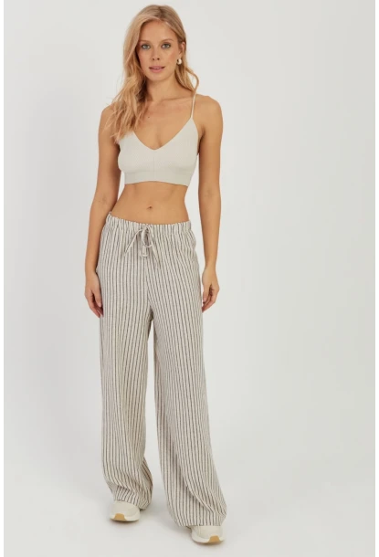 Kadın Ekru Çizgili Keten Pantolon Q986
