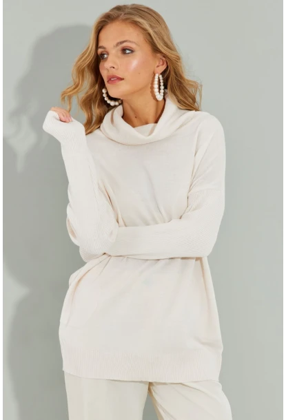 Kadın Ekru Degaje Yaka Cepli Triko Kazak YZ519