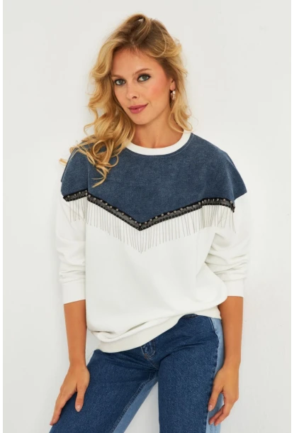 Kadın Ekru Denim Bloklu Sweatshirt PKA808