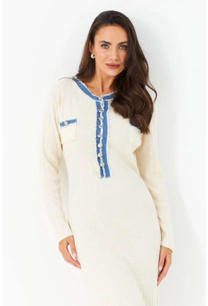 Kadın Ekru Denim Detaylı Maxi Elbise MQAS200