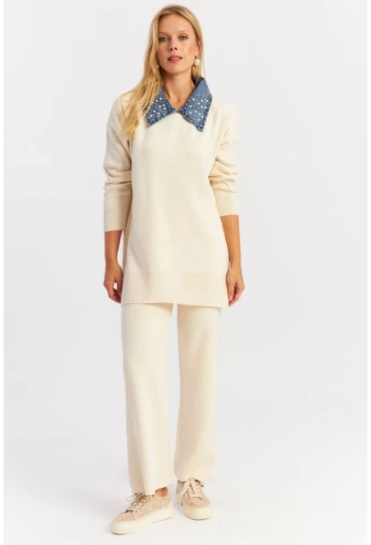Kadın Ekru Denim Yakalı İncili Alt Üst Triko Takım NUV22