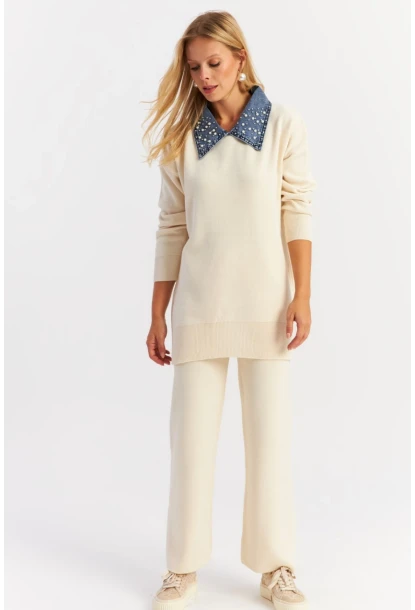 Kadın Ekru Denim Yakalı İncili Alt Üst Triko Takım NUV22