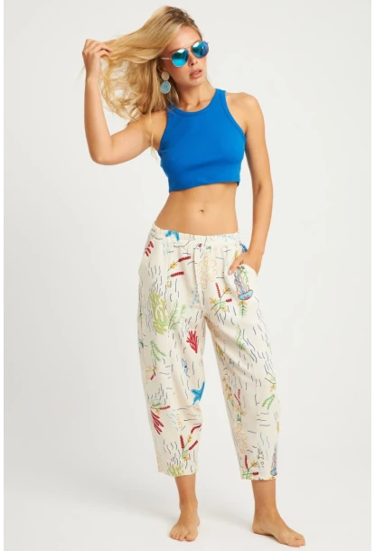 Kadın Ekru Desenli Keten Şalvar Pantolon K1253