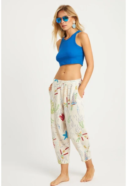 Kadın Ekru Desenli Keten Şalvar Pantolon K1253