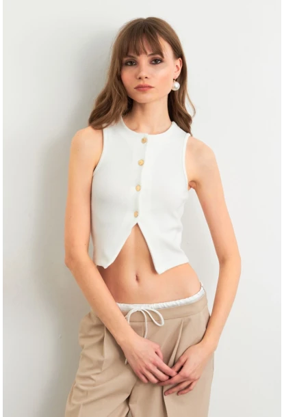 Kadın Ekru Düğme Detaylı Bluz CY354