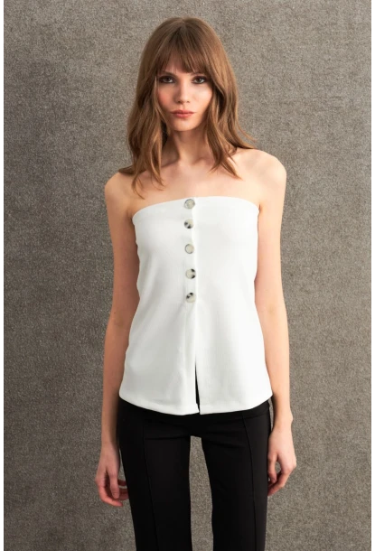 Kadın Ekru Düğme Detaylı Straplez Bluz CY355