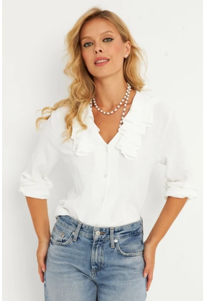 Kadın Ekru Fırfırlı Gömlek RLO19