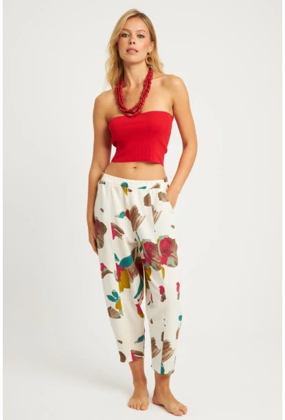 Kadın Ekru-Fuşya Desenli Keten Şalvar Pantolon K1253