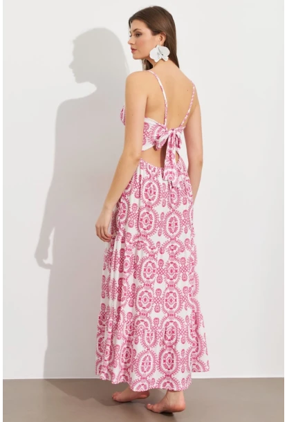 Kadın Ekru-Fuşya Sırt Dekolteli Desenli Maxi Elbise LİT110