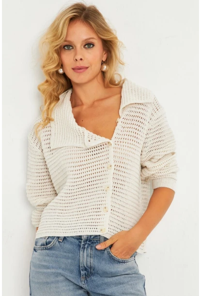 Kadın Ekru Geniş Yakalı Triko Hırka MİW4571
