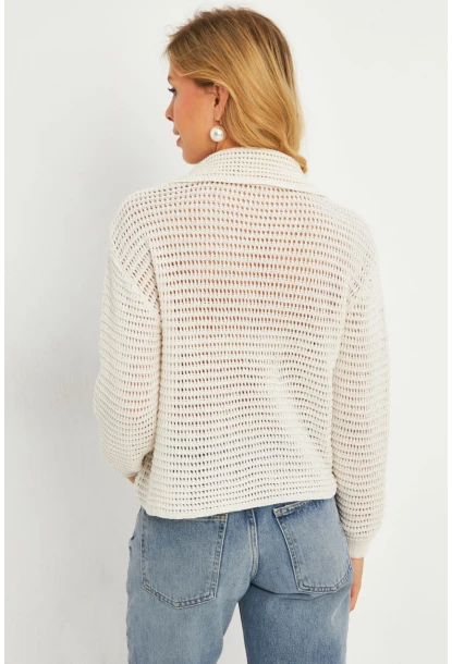 Kadın Ekru Geniş Yakalı Triko Hırka MİW4571
