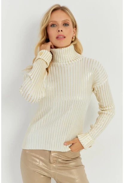 Kadın Ekru-Gold Düğme Detaylı Varaklı Triko Kazak SF2532