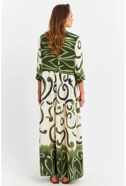 Kadın Ekru-Haki Desenli Salaş Maxi Elbise MASF0020