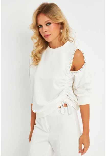 Kadın Ekru İnci Detaylı Büzgülü Sweatshirt RLO04
