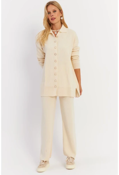 Kadın Ekru İnci Düğmeli Hırka Triko Alt Üst Takım MNUV26