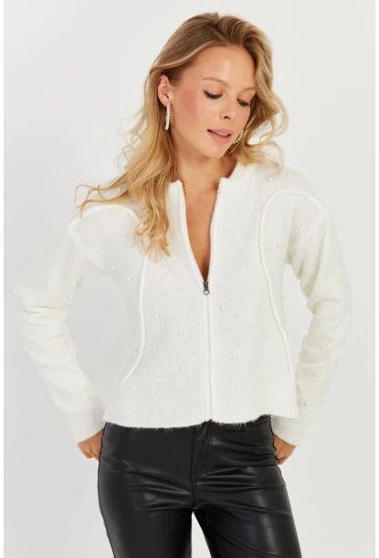 Kadın Ekru İncili Triko Hırka KED1203