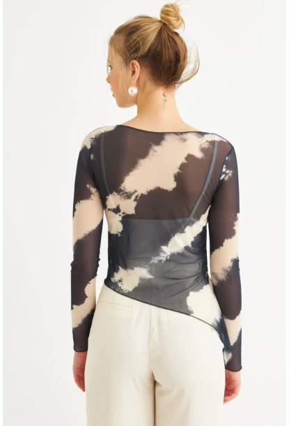 Kadın Ekru-İndigo Desenli Tül Bluz RSP1740