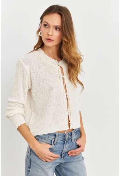 Kadın Ekru İpli Triko Hırka YV323