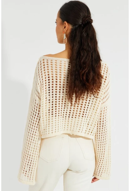 Kadın Ekru İspanyol Kol Ajurlu Triko Kısa Bluz SMT181
