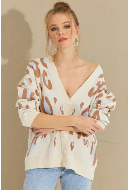 Kadın Ekru-Kahve Desenli Düğmeli Hırka KZ2495