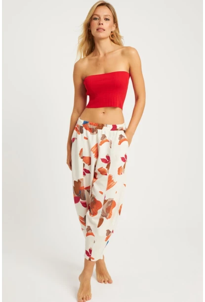 Kadın Ekru-Kahve Desenli Keten Şalvar Pantolon K1253