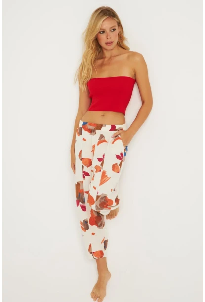 Kadın Ekru-Kahve Desenli Keten Şalvar Pantolon K1253