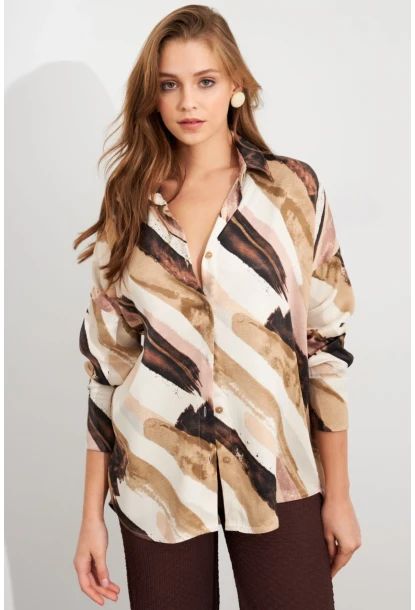 Kadın Ekru-Kahve Desenli Saten Gömlek MCAR1170