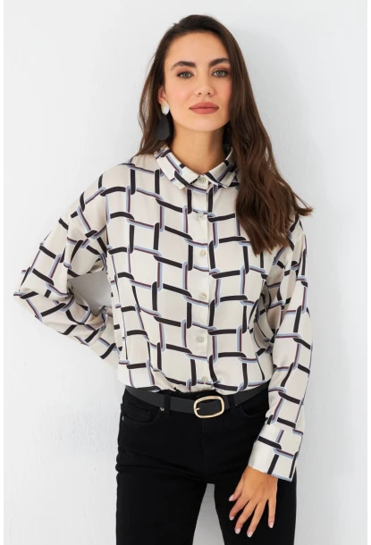 Kadın Ekru-Kahve Desenli Saten Gömlek MSHR500