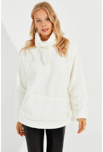 Kadın Ekru Kanguru Cep Peluş Sweatshirt Q978