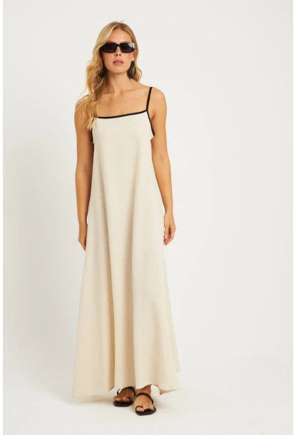 Kadın Ekru Keten Midi Elbise GÇ174