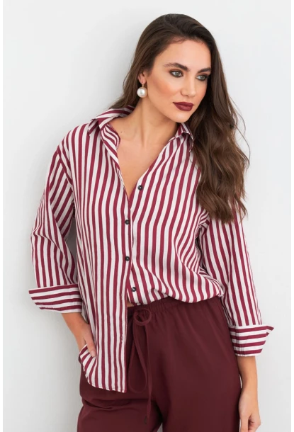 Kadın Ekru-Kiremit Çizgili Salaş Gömlek ELA6932