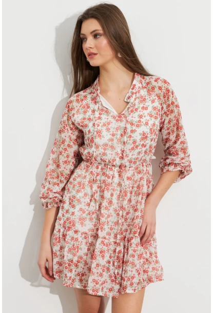 Kadın Ekru-Kırmızı Desenli Şifon Mini Elbise ROP107