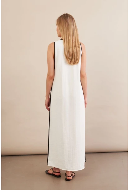 Kadın Ekru Kontrast Çizgili Maxi Keten Elbise MSİ101