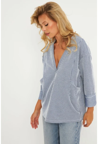 Kadın Ekru-Lacivert Çizgili Cepli Sweatshirt TF01