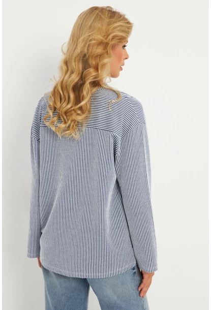 Kadın Ekru-Lacivert Çizgili Cepli Sweatshirt TF01