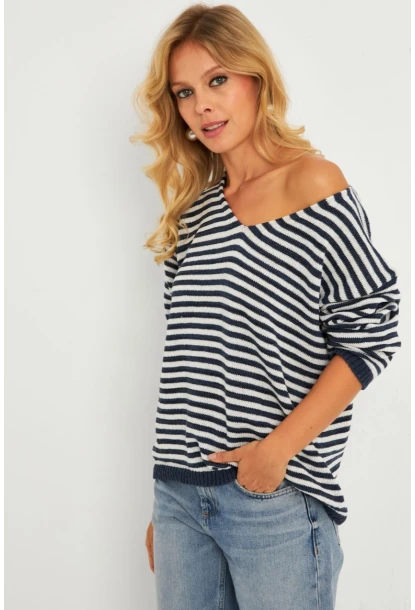 Kadın Ekru-Lacivert V Yaka Triko Salaş Bluz YV283