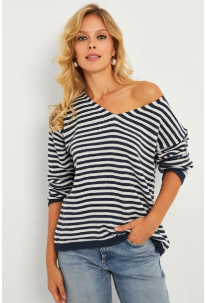 Kadın Ekru-Lacivert V Yaka Triko Salaş Bluz YV283