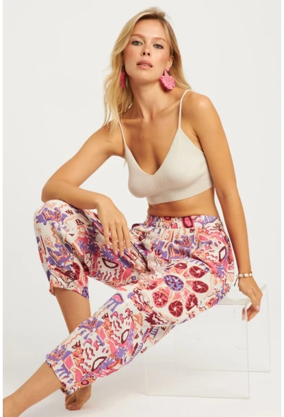 Kadın Ekru-Lila Desenli Keten Şalvar Pantolon K1253