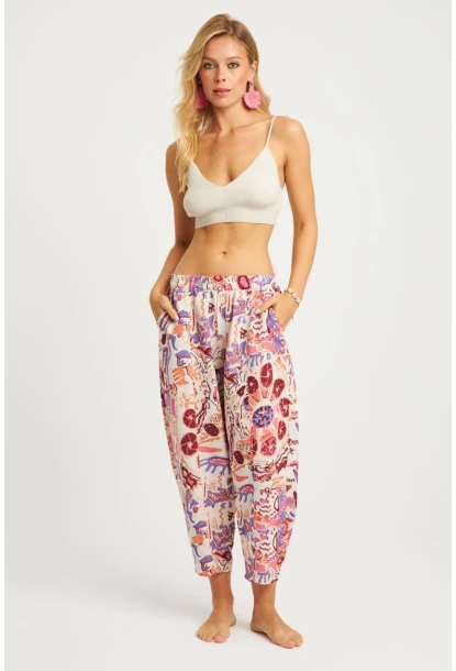 Kadın Ekru-Lila Desenli Keten Şalvar Pantolon K1253