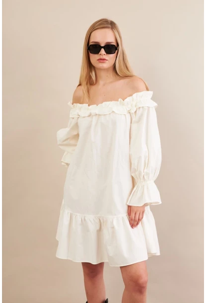 Kadın Ekru Madonna Yaka Midi Elbise PSG1012