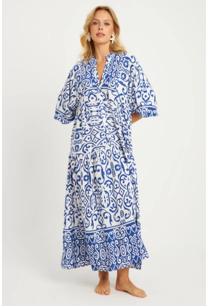 Kadın Ekru-Mavi Desenli Midi Elbise GÇ169