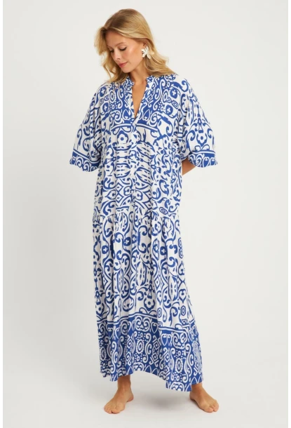 Kadın Ekru-Mavi Desenli Midi Elbise MGÇ169