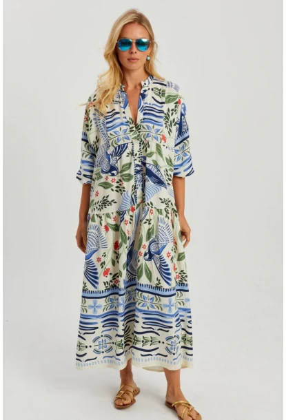 Kadın Ekru-Mavi Desenli Salaş Maxi Elbise GÇ166