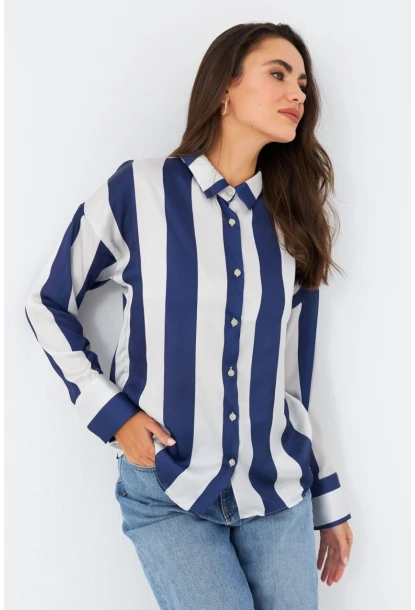 Kadın Ekru-Mavi Desenli Saten Gömlek MSHR500